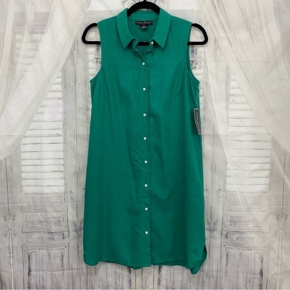 Jessica Howard Size 8 Petite 8P Solid Green Button Front Linen Mini Shirt Dress - Picture 11 of 13
